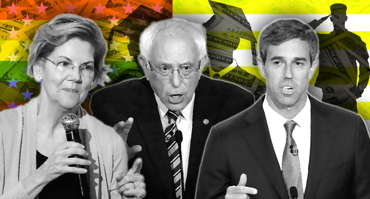 Elizabeth Warren, Bernie Sanders and Beto O'Rourke. (Photo illustration: Yahoo News; photos: Jeremy Hogan/SOPA Images/LightRocket via Getty Images, AP(2), Getty Images (3), AP)