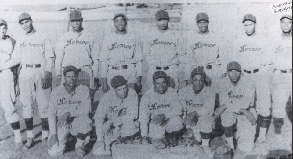 Members of the 1932 Monroe Monarchs baseball team. From left (front row): Zollie Wright, "Red" Parnell, Chuffie Alexander, W.L. Walker and Harry Else. On the back row: Elbert Williams, Barney "Big" Morris, Sugar Dallas, Dick Matthews, manager Frank Johnson, Sam Harris, Leroy "Moony" Morney and Augustus Saunders.