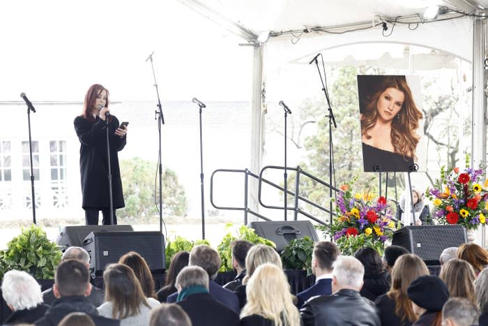 Priscilla Presley speaks at the public memorial for Lisa Marie Presley at Graceland on Jan. 22, 2023, in Memphis. 