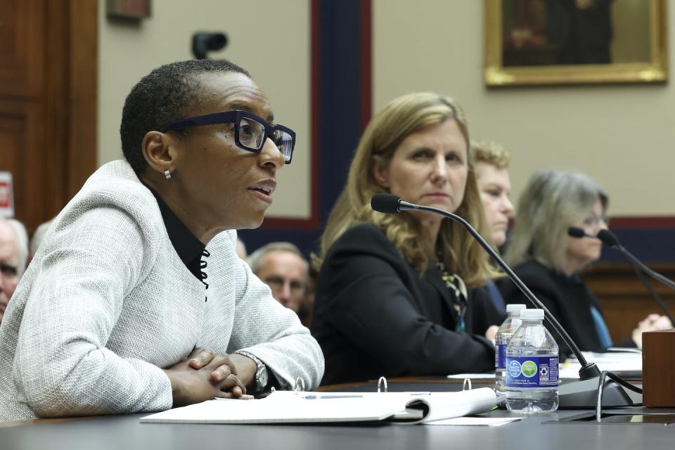 Harvard President Claudine Gay, left, testified alongside Penn President Liz Magill before a House committee on Dec. 5, 2023, regarding antisemitism on college campuses. Magill resigned four days later. <a href="https://www.gettyimages.com/detail/news-photo/dr-claudine-gay-president-of-harvard-university-liz-magill-news-photo/1833206910?adppopup=true" rel="nofollow noopener" target="_blank" data-ylk="slk:Kevin Dietsch/Getty Images;elm:context_link;itc:0;sec:content-canvas" class="link ">Kevin Dietsch/Getty Images</a>