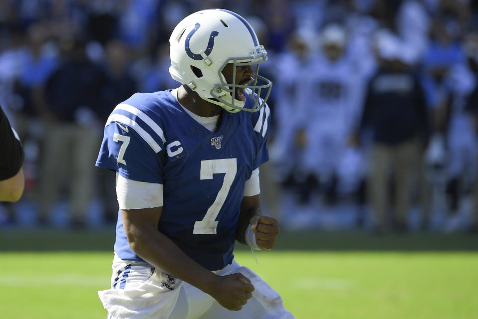 Indianapolis Colts quarterback Jacoby Brissett celebrates after a touchdown during the second half in an NFL football game against the Los Angeles Chargers Sunday, Sept. 8, 2019, in Carson, Calif. (AP Photo/Mark J. Terrill)