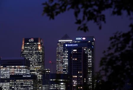 Office blocks of Citi, Barclays, and HSBC banks are seen at dusk in the Canary Wharf financial district in London, Britain November 16, 2017. REUTERS/Toby Melville