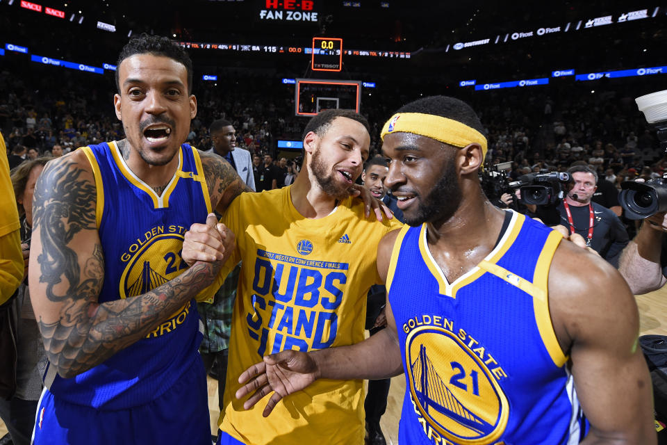 Golden State Warriors' Matt Barnes (22), Golden State Warriors' Stephen Curry (30) and Golden State Warriors' Ian Clark (21) celebrate winning Game 4 of the NBA Western Conference Finals at AT&T Center in San Antonio, Texas, on Monday, May 22, 2017. Golden State Warriors defeat the San Antonio Spurs 129-115 to win the NBA Western Conference Final. (Jose Carlos Fajardo/Bay Area News Group) (Photo by MediaNews Group/Bay Area News via Getty Images)