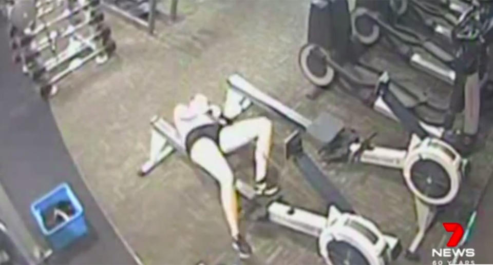 Confronting footage shows the moment Emily Counter suddenly collapsed while on the rowing machine. Source: 7News