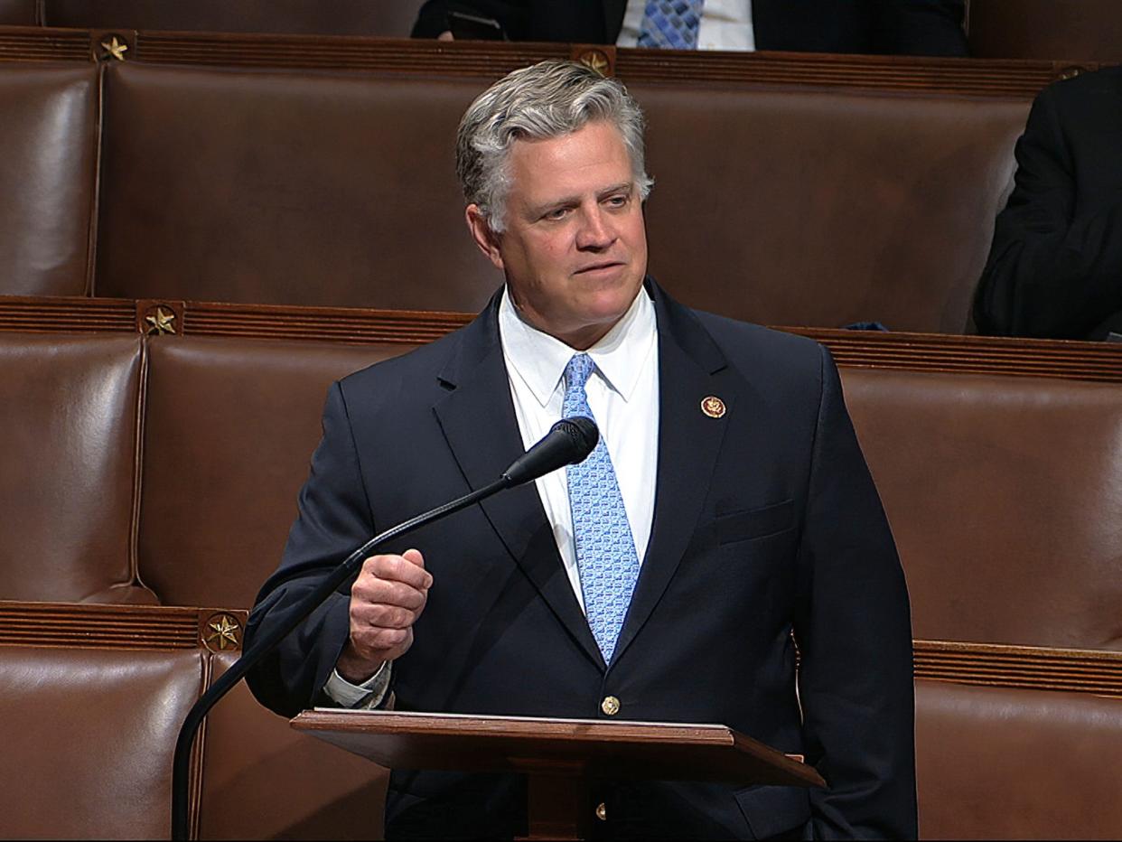 In this image from video, Rep. Drew Ferguson, R-Ga., speaks on the floor of the House of Representatives at the U.S. Capitol in Washington, Thursday, April 23, 2020.