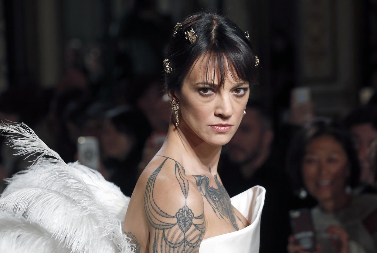 PARIS, FRANCE - JANUARY 21: Italian actress Asia Argento walks the runway during the Antonio Grimaldi Spring Summer 2019 show as part of Paris Fashion Week on January 21, 2019 in Paris, France. (Photo by Thierry Chesnot/Getty Images)