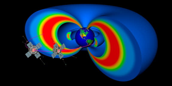 An artist's rendition of the two Van Allen Probes and the magnetic field that protect Earth from the worst of the sun's charged particles.