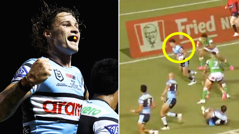 NRL fans have called out the Kayal Iro try after it appeared the centre dropped the ball amid a Nicho Hynes-led Sharks comeback over the Raiders. (Images: Getty Images/Fox Sports)