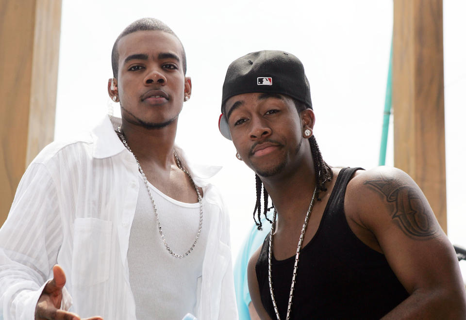 Singers Mario (L) and Omarion pose for a photo backstage during a taping for MTV Spring Break on the beach at The City nightclub March 9, 2005 in Cancun, Mexico. - Credit: Scott Gries/Getty Images