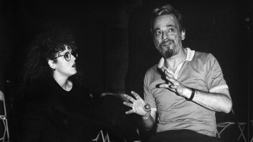 Bernadette Peters and Stephen Sondheim confer during the November 1987 recording of the original Broadway cast album of "Into the Woods." The composer and star will reunite for a Nov. 9 celebration of the musical at Segerstrom Hall in Costa Mesa.