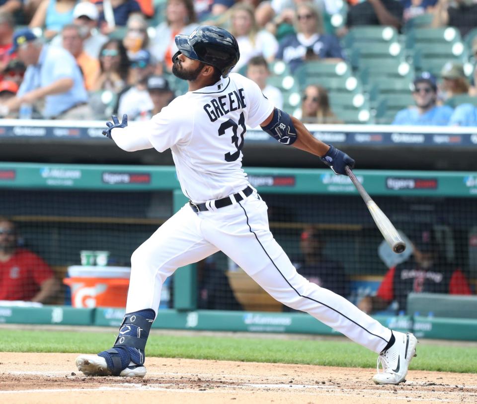 Detroit Tigers center fielder Riley Greene (31) bats against Cleveland Guardians starting pitcher Zach Plesac (34) during first inning action Thursday, August 11, 2022 at Comerica Park.