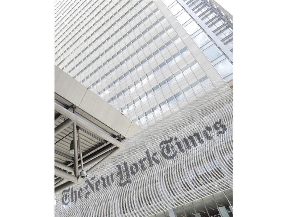 FILE - This June 22, 2019 file photo shows the exterior of the New York Times building in New York. Some staff members at The New York Times and Philadelphia Inquirer called in sick to protest editorial decisions they found insensitive about protests over George Floyd's death. (AP Photo/Julio Cortez, File)