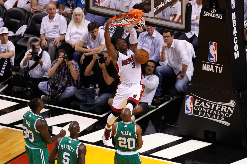 Dwyane Wade #3 of the Miami Heat dunks in the first half against the Boston Celtics in Game Five of the Eastern Conference Finals in the 2012 NBA Playoffs on June 5, 2012 at American Airlines Arena in Miami, Florida. (Photo by J. Meric/Getty Images)