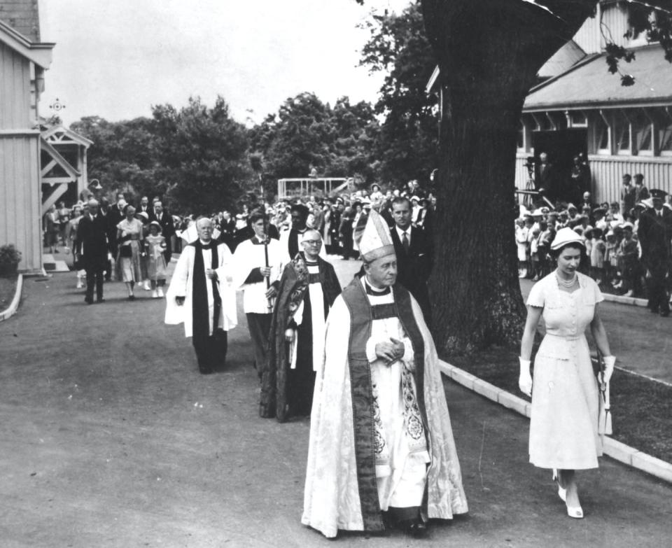 <p>During that same trip, Queen Elizabeth was spotted leaving New Zealand's Cathedral Church of St. Mary, alongside the Bishop of Auckland, Right Reverend W.J. Simkin. </p>