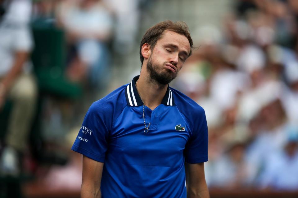 Daniil Medvedev reacts during his loss to Carlos Alcaraz during their BNP Paribas Open championship match at the Indian Wells Tennis Garden in Indian Wells, Calif., on Sunday, March 17, 2024.