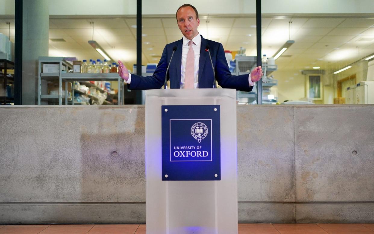 Health Secretary Matt Hancock delivers a speech on the Covid-19 vaccine programme at the Jenner Institute in Oxford. - Jacob King/PA