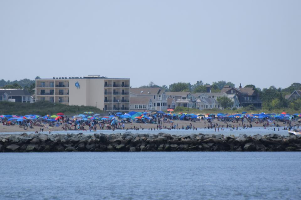 A busy Lewes beach seen from the water Aug. 12, 2023.