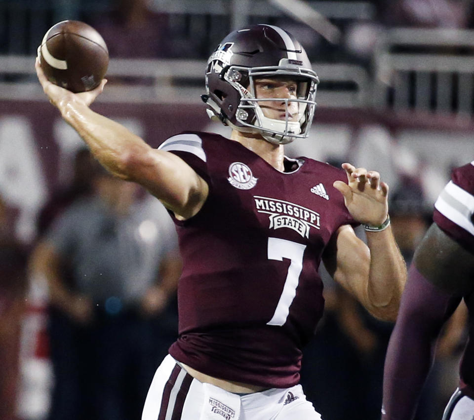 Mississippi State quarterback Nick Fitzgerald (7) passes against Auburn during the first half of their NCAA college football game in Starkville, Miss., Saturday, Oct. 6 2018. (AP Photo/Rogelio V. Solis)