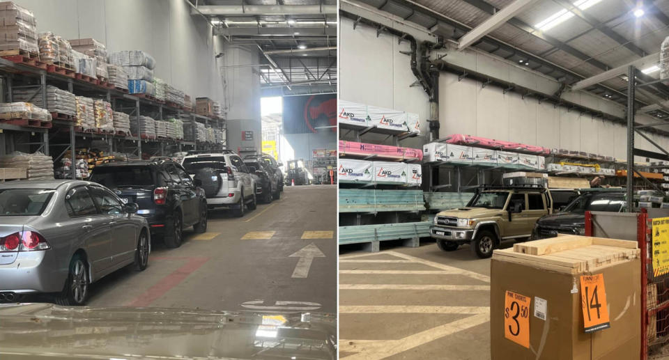 The row of vehicles in the 'load and go' area of Bunnings in Artarmon (left) and the ute driver blocking the vehicles in (right). 