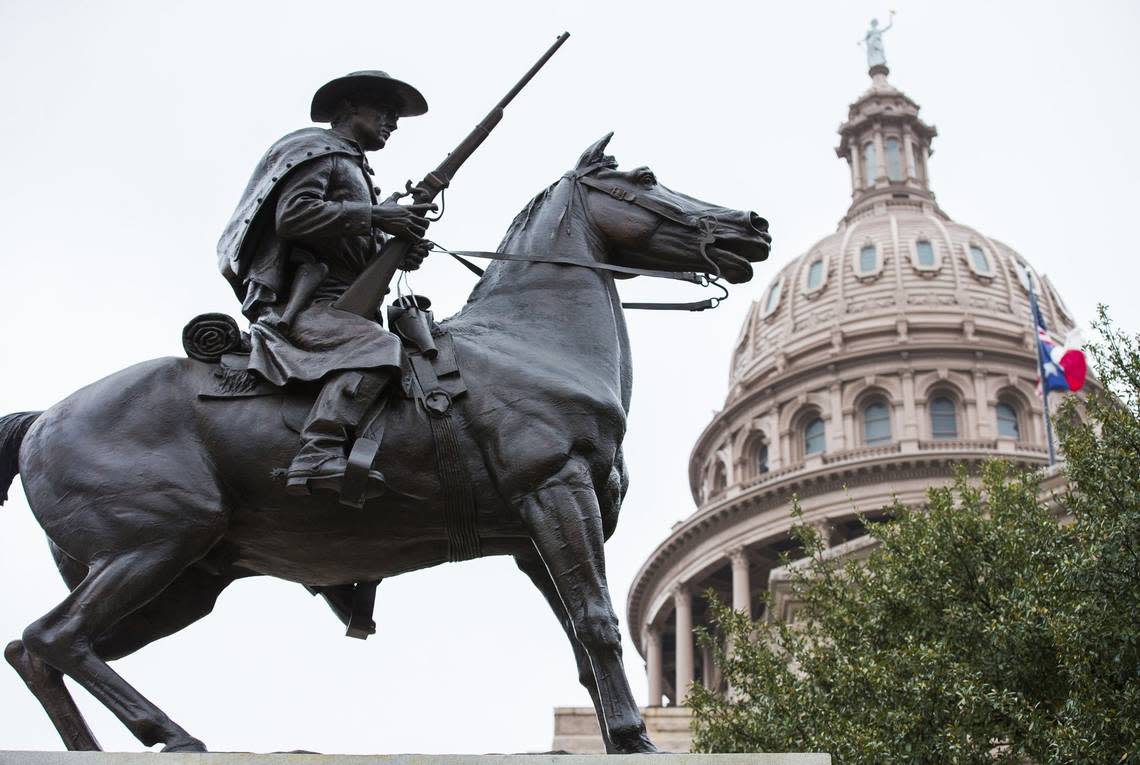 The Terry’s Texas Rangers monument outside the Texas state capitol on Feb. 26, 2015, in Austin, Texas. Terry’s Texas Rangers was a group of Texas volunteers for the Confederate States Army assembled by Colonel Benjamin Franklin Terry. (Ashley Landis/The Dallas Morning News/TNS)
