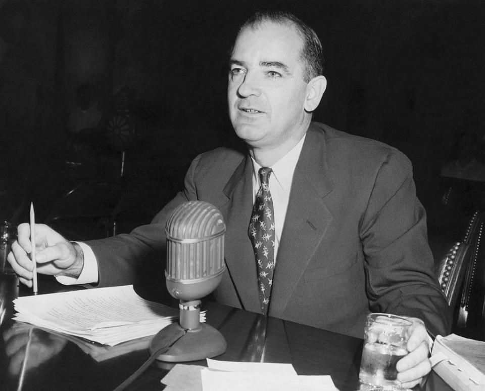 Pictured is Senator Joseph McCarthy, who in addition to leading farcical investigations into supposed communists in the US government and culture at large, contributed to the 