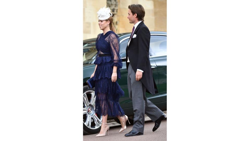 Princess Beatrice in a blue lace dress with Edoardo Mapelli Mozzi 