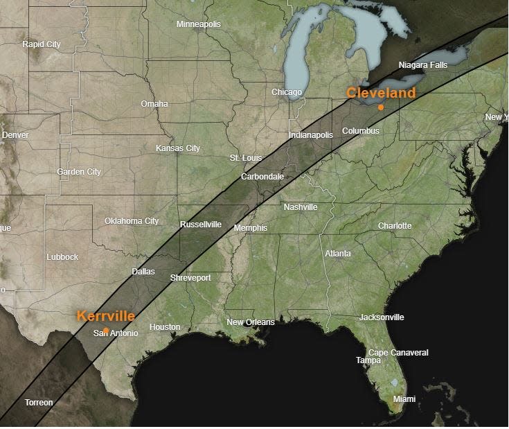 The path of the eclipse on April 8 crosses from Mexico across the United States and into Canada.