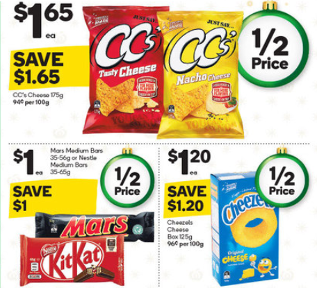 Chips and chocolates on sale for half-price at Woolworths.