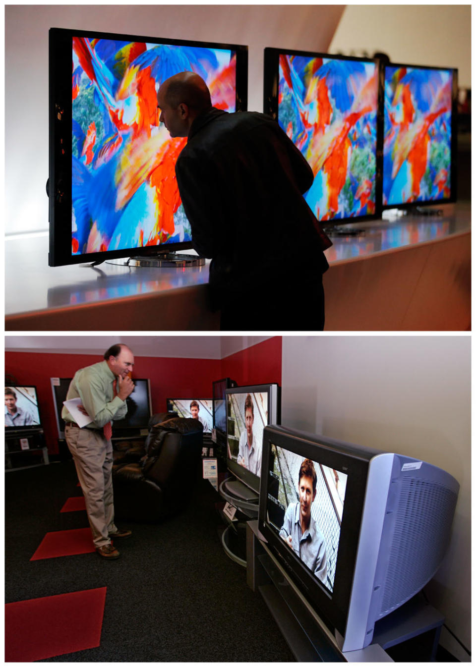 FILE -In this combination of Associated Press file photos, a man, top, looks at the back of a Sony's 4K XBR LED television in Las Vegas, on Monday, Jan. 7, 2013. and bottom, a man ooks at a CRT television in Redwood City, Calif., on Wednesday, Oct. 18, 2006. Some 40-inch LED televisions bought in 2013 use 80 percent less power than the cathode ray tube televisions of the past. Some use just $8 worth of electricity over a year when used five hours a day. (AP Photo/File)