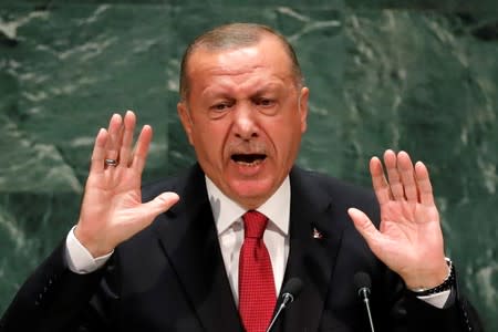 FILE PHOTO: Turkey's President Recep Tayyip Erdogan addresses the 74th session of the United Nations General Assembly at U.N. headquarters in New York City, New York, U.S.