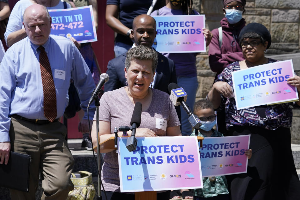 FILE - In this May 21, 2021, file photo, Amy Allen, the mother of an 8th grade transgender son, speaks after a Human Rights Campaign round table discussion on anti-transgender laws in Nashville, Tenn. The Texas abortion ban that so far has outmaneuvered Supreme Court precedent is the latest iteration of a legislative strategy used by Republican-led states to target pornography, gay rights and other hot-button cultural issues. (AP Photo/Mark Humphrey, File)