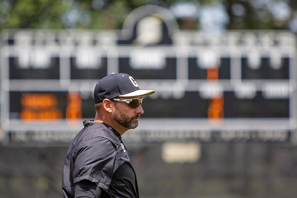 Galesburg assistant baseball coach Jake Miller watches a play unfold during the Silver Streaks' 10-0 five inning win over Streator in the Class 3A regional title game on Saturday, May 28, 2022 at Jim Sundberg Field.