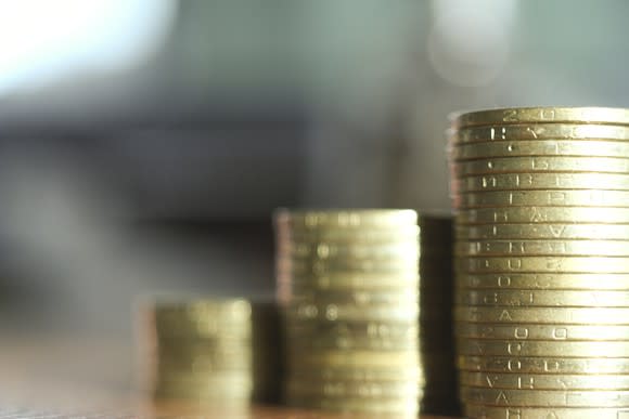 Three stacks of coins, ascending in size from left to right.