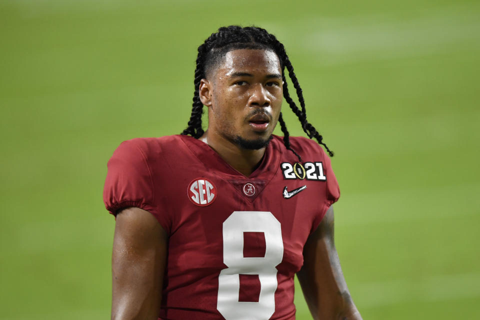 Alabama WR John Metchie III hopes to be a first-round prospect in the 2022 NFL draft despite suffering a torn ACL late last season. (Photo by Alika Jenner/Getty Images)