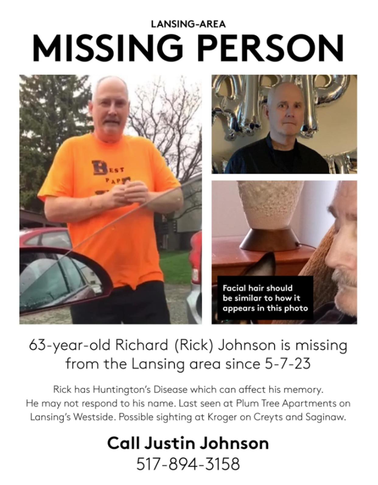 A missing person poster for Richard "Rick" Johnson, missing from the Lansing area since May 7, 2023.
