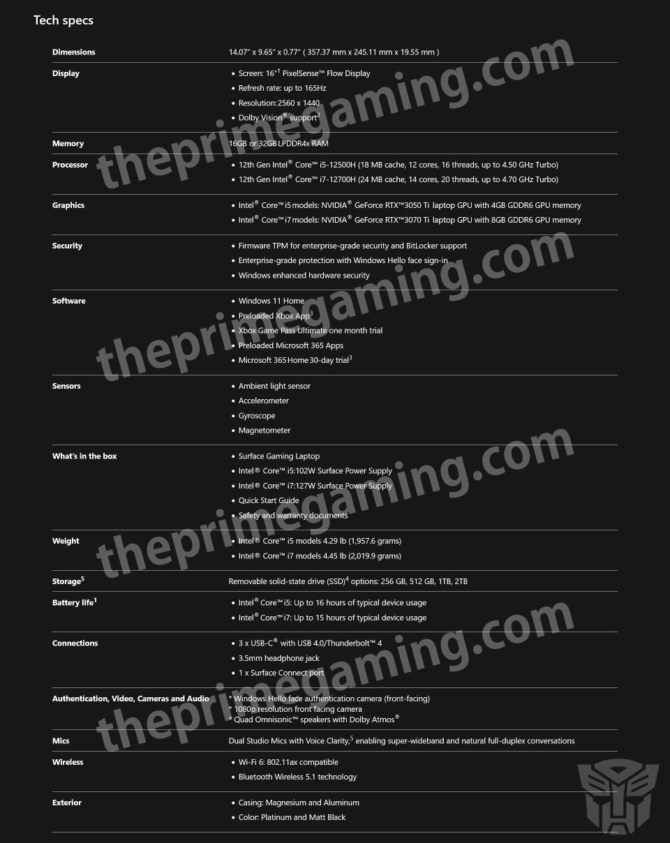 Microsoft Surface Gaming Laptop rumoured spec sheet