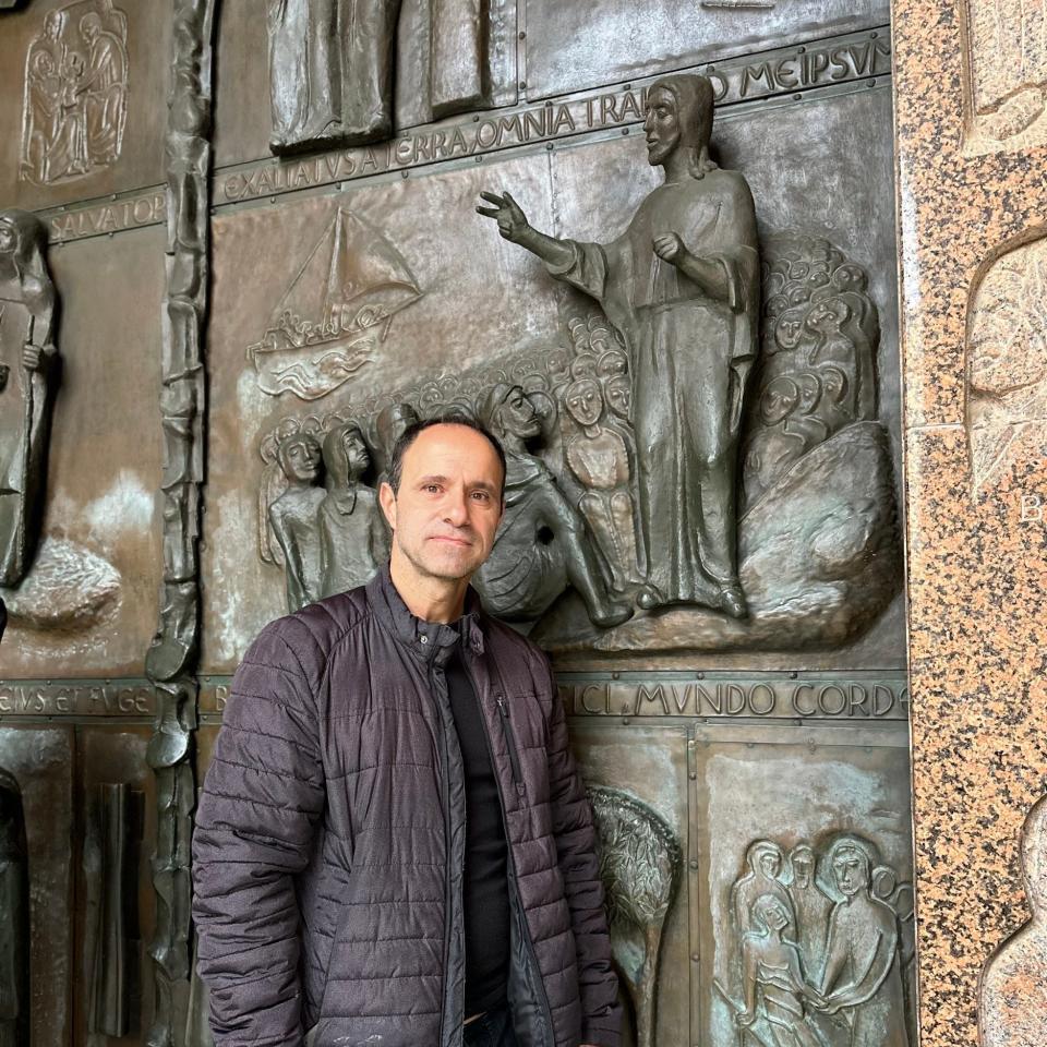 Shadi Khalloul, the founder of a Christian NGO, outside the Church of the Annunciation in Nazareth