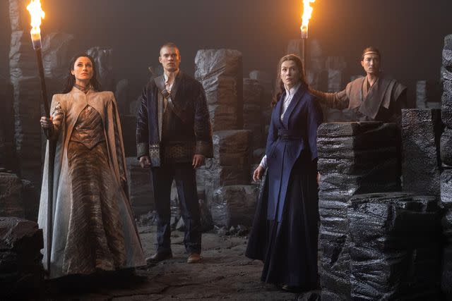 <p>Jan Thijs/Prime Video</p> Natasha O'Keeffe, Josha Stradowski, Rosamund Pike, and Daniel Henney in 'The Wheel of Time'