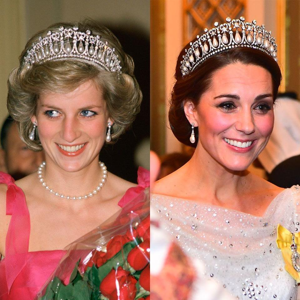 <p>Queen Elizabeth will often lend jewelry in her collection to other members of the royal family for extended periods of time. Such is the case with <a href="https://www.townandcountrymag.com/society/tradition/a10302981/cambridge-love-knot-tiara/" rel="nofollow noopener" target="_blank" data-ylk="slk:the Cambridge Lover's Knot Tiara;elm:context_link;itc:0;sec:content-canvas" class="link ">the Cambridge Lover's Knot Tiara</a>, which was a favorite of Princess Diana's back in the day. After her death, the piece wasn't seen again until Kate Middleton put it on in 2015. Since then, it's become one of Kate's favorite headpieces.</p>