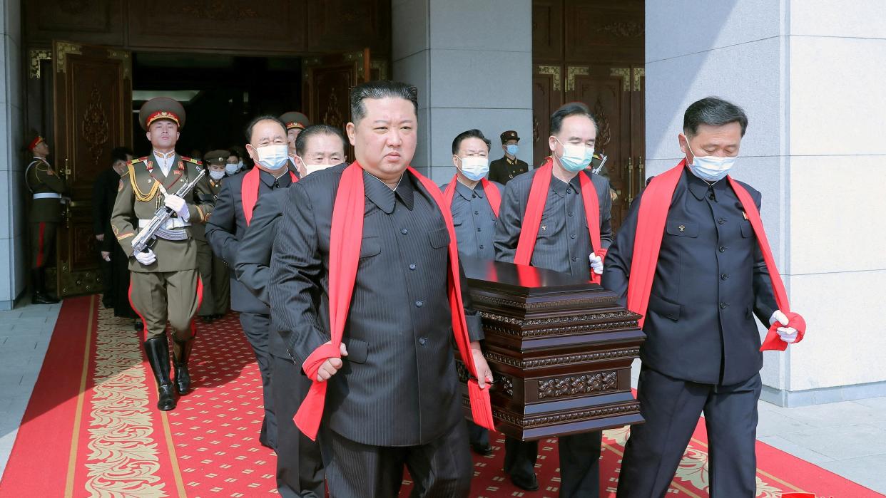 North Korean leader Kim Jong Un carries the casket during the state funeral for Marshal of the Korean People's Army and general adviser to the Ministry of Defence Hyon Chol Hae in Pyongyang, North Korea, May 22, 2022