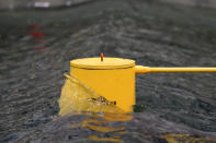 A figure represents a human standing on a vertical column used to stabilize a floating wind turbine in the wave pool, Wednesday, March 27, 2024, at the University of Maine, in Orono, Maine. (AP Photo/Robert F. Bukaty)