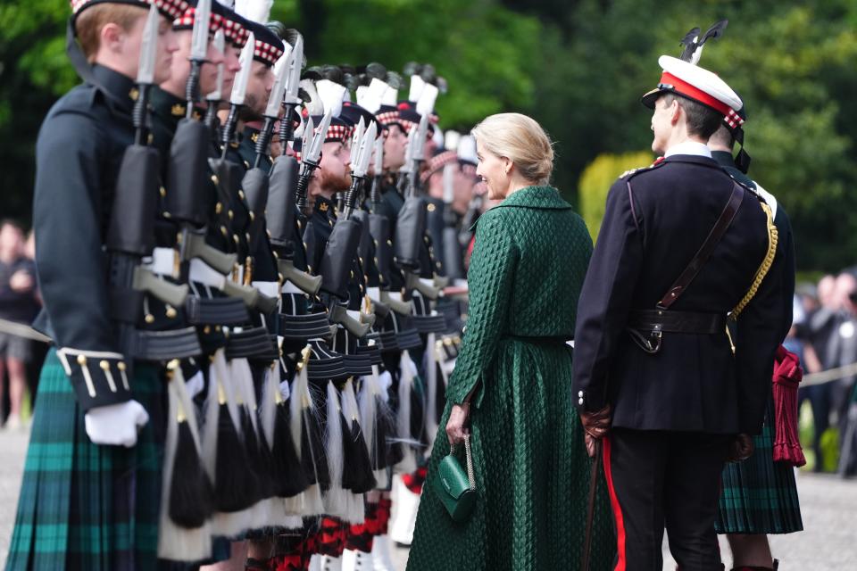 The Duchess of Edinburgh inspects the guard of honour, Balaklava Company, 5th Battalion, the Royal Regiment of Scotland during the Ceremony of the Keys at the Palace of Holyroodhouse in Edinburgh (Andrew Milligan/PA Wire)