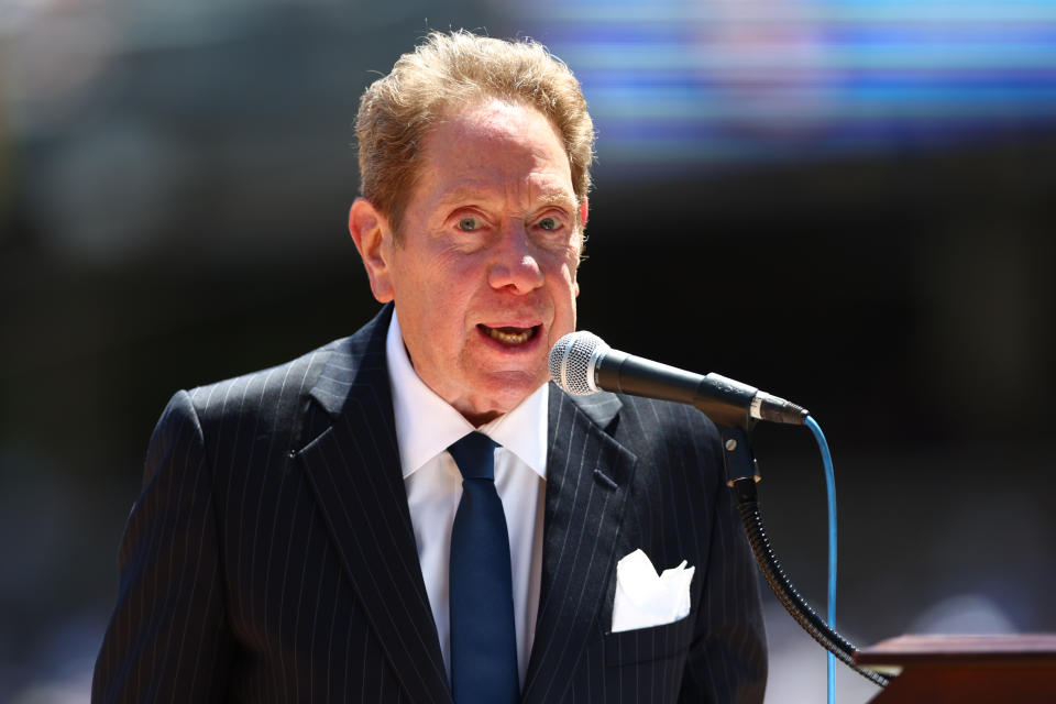 NEW YORK, NY - JULY 30: New York Yankees broadcaster John Sterling hosts the Alumni Day Ceremony before a game between Kansas City Royals and New York Yankees at Yankee Stadium on July 30, 2022 in New York City .  (Photo by Rich Schultz/Getty Images)