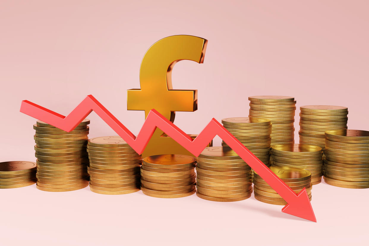 The pound sterling fell against the US dollar and Euro on Wednesday after data released showed UK inflation eased in June. Photo: Getty.