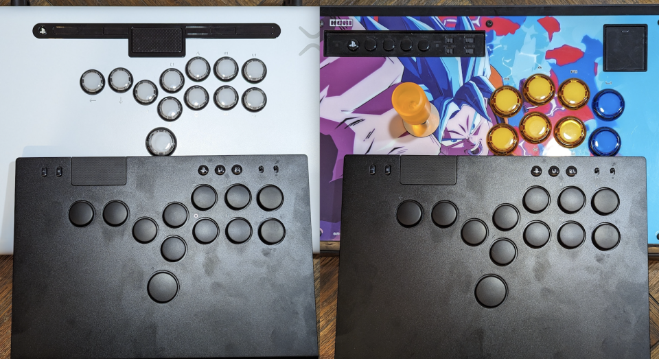 A composite image of the Razer Kitsune against another leverless controller and an arcde stick with a lever.
