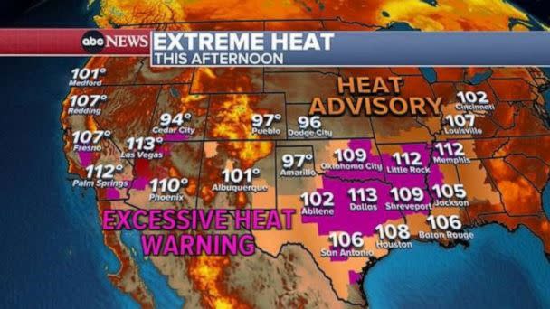 PHOTO: A map shows an extreme heat warning for this afternoon. (ABC News)
