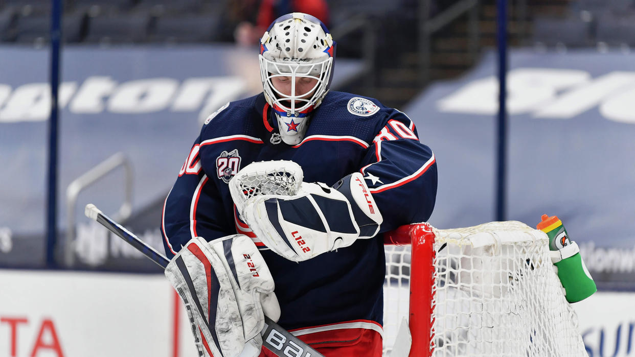 Goaltender Matiss Kivlenieks of the Columbus Blue Jackets has died at age 24.  (Photo by Jamie Sabau/NHLI via Getty Images)