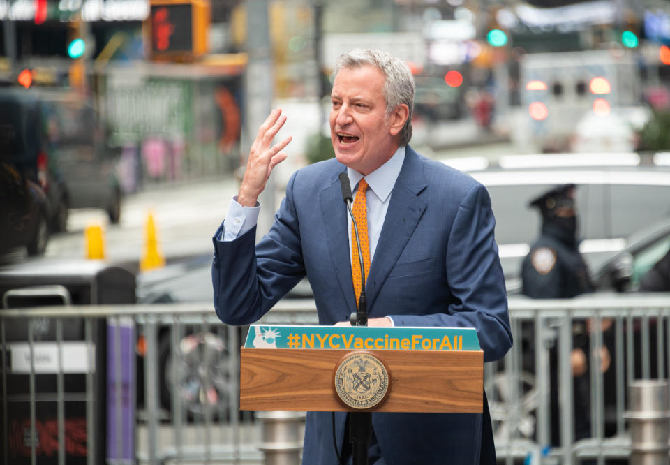 Mayor of New York City Bill de Blasio speaks during the opening of a vaccination center for Broadway workers in Times Square on April 12, 2021 in New York City. (Noam Galai/Getty Images)