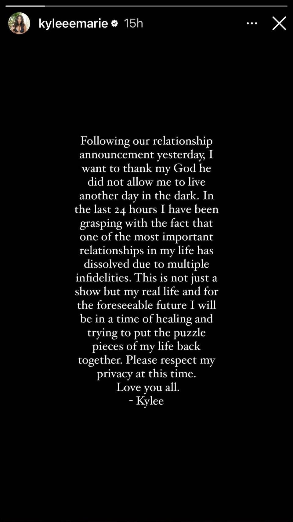 A screenshot of a breakup announcement posted to Instagram.