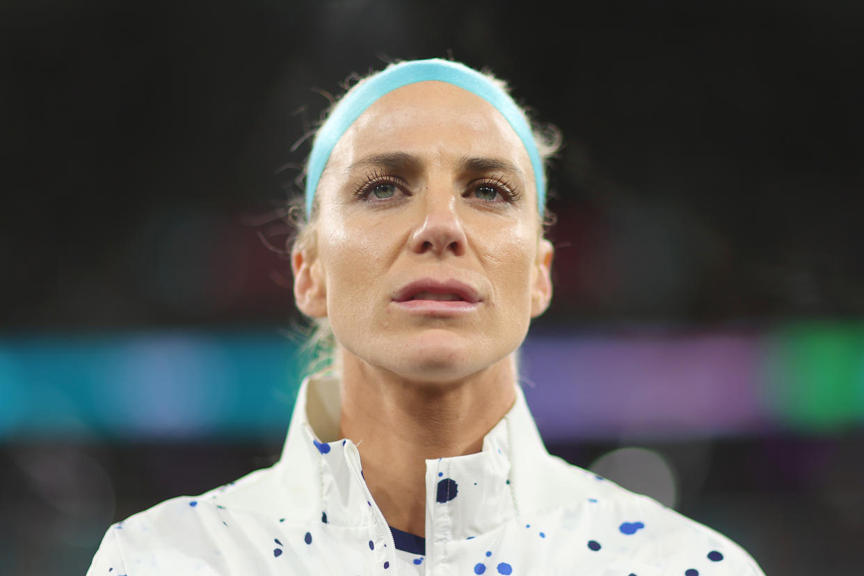 MELBOURNE, AUSTRALIA - AUGUST 06: Julie Ertz of USA lines up for the national anthem prior to the FIFA Women's World Cup Australia & New Zealand 2023 Round of 16 match between Sweden and USA at Melbourne Rectangular Stadium on August 06, 2023 in Melbourne / Naarm, Australia. (Photo by Alex Pantling - FIFA/FIFA via Getty Images)